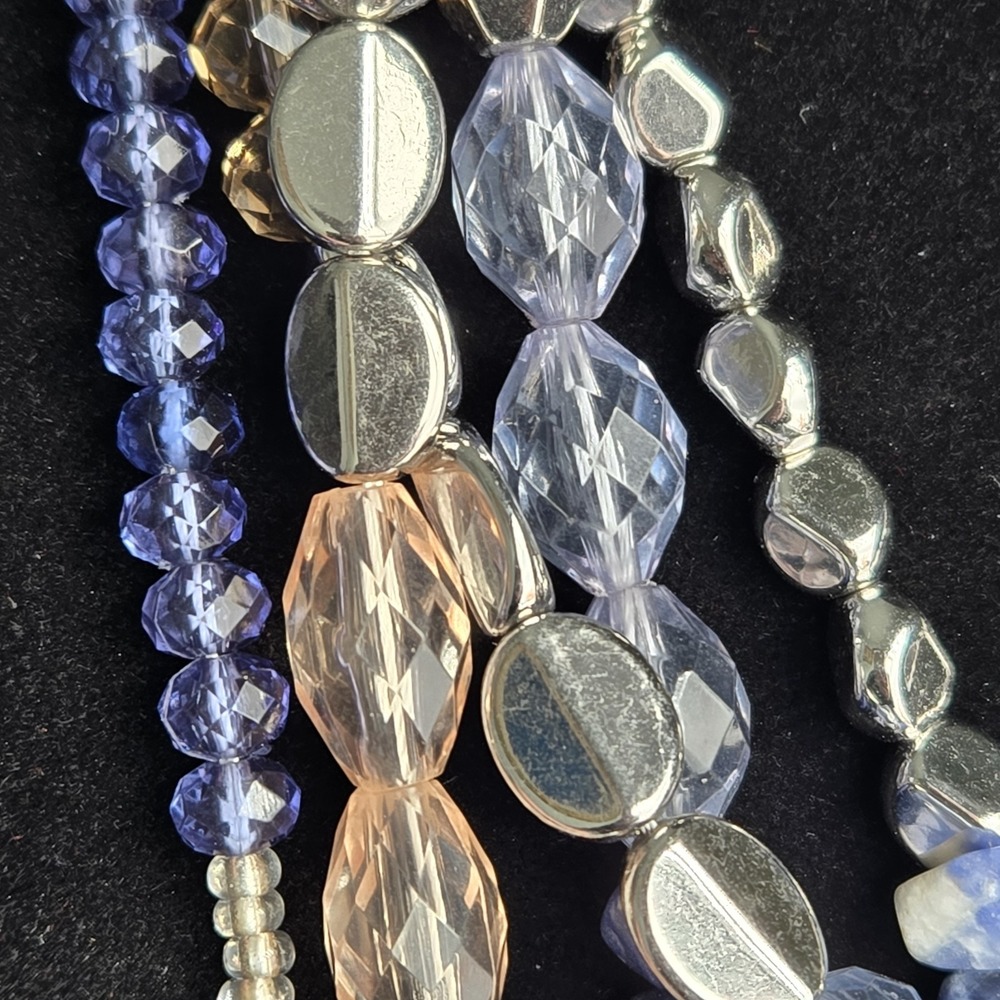 Layered Blue Silver-tone Clear Pale Peach Beaded Chunky Boho Adjustable Necklace - Picture 7 of 12